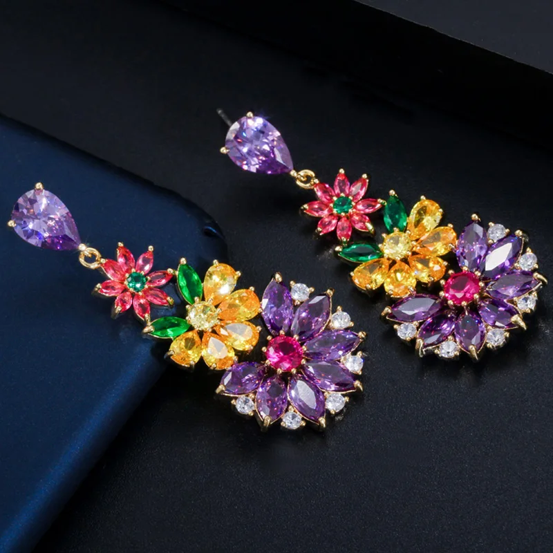 Pera Elegant Red Yellow Purple Cubic Zircon Gold Plated Long Big Flower Drop Dangle Earrings for Women Party Accessories E517