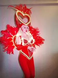 Red love feather LED llight Lumious backboard nightclub female gogo dance tour wear Singer Stage Dance Costume
