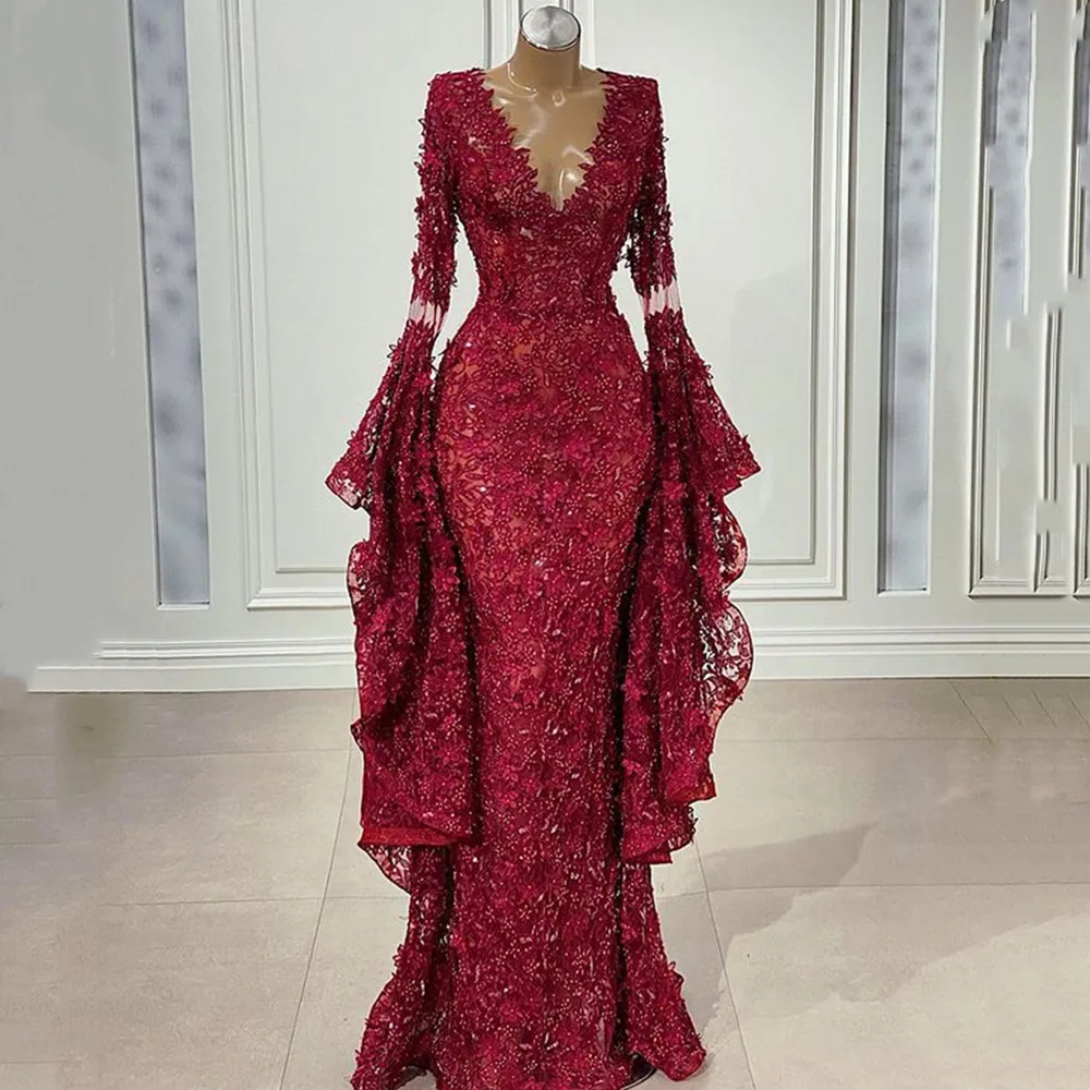 Luxury Flare Long Sleeve Burgundy Lace Mermaid Prom Dresses Long 2021 Sexy Deep V Neck Prom Evening Party Gowns Vestido de Festa