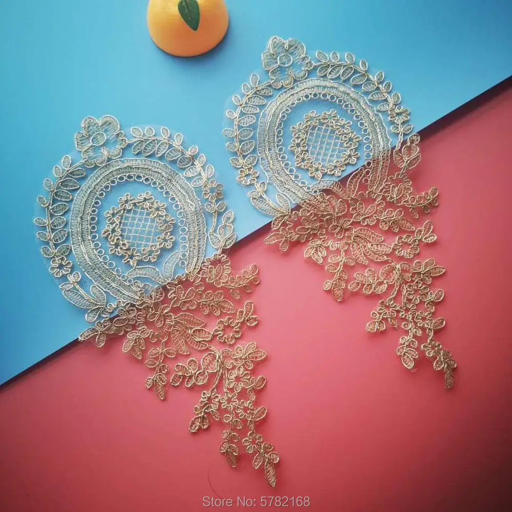 2Pcs/30X14cm Light Gold Pink Pineapple Flower Venise Flower Lace Applique Trim Wedding Dress Sewing Lace Patch