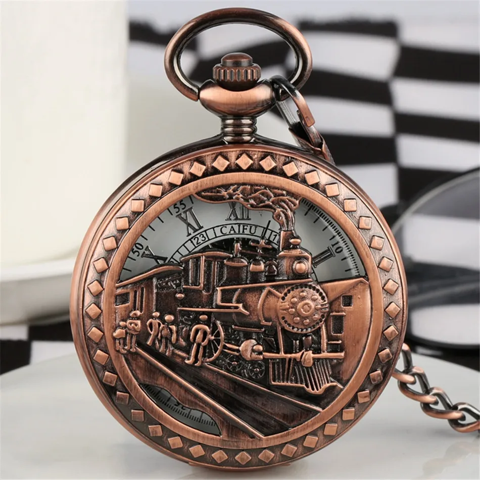 Steampunk Vintage Train Pattern Mechanical Hand-wind Pocket Watch Red Copper Pendant Antique Clock Manual Mechanism Timepiece