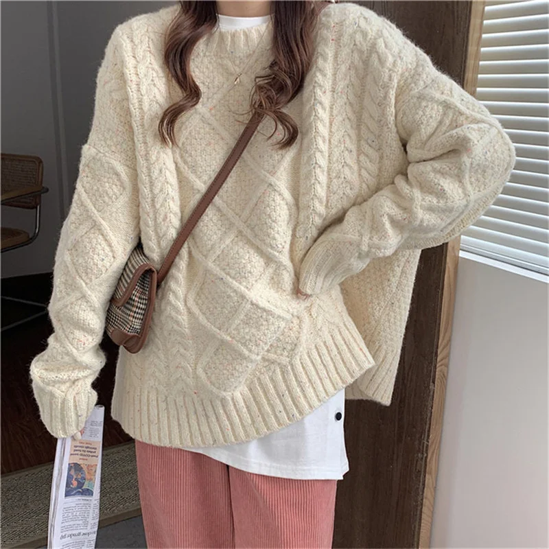 Thick Pullovers Women O-neck Sweaters Japan Preppy Solid Simple Loose Thermal Long Sleeve Knitwear Ins Sweet Popular Winter Cozy