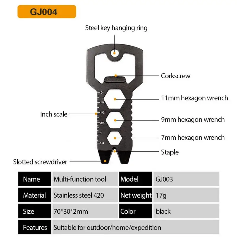 Outdoor EDC Stainless Steel Key-shaped Multifunction Pocket Tool Key Chain With Beer Bottle Opener Multipurpose Keychain Tools