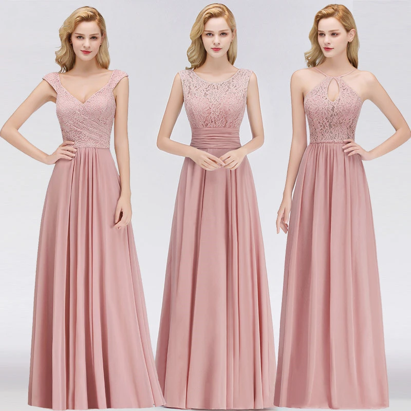 

Rose Pink Bridesmaid Dresses Top Lace A Line Chiffon Long Party Prom Dress Halter Prom Evening Gown Custom Free Shipping