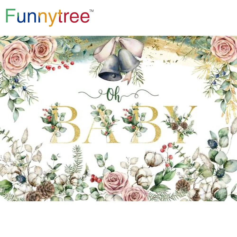 Funnytree Oh Baby Shower Backdrop Spring Flowers Leaves Bells Gold Banner Birthday Party Kids Event Photocall Background