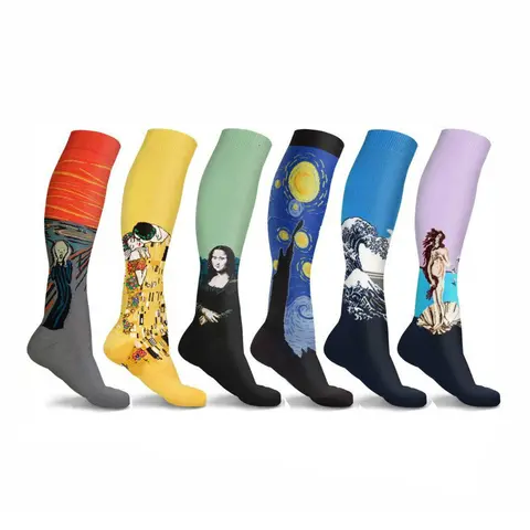 Oil Painting Compression Socks Men Women Mona Lisa Sky Kiss Wave Pearl Pressure Stockings Nylon Compress RunSport Newest