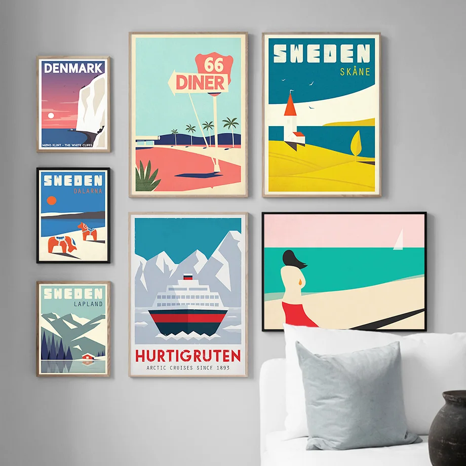 Sweden Denmark Travel Vintage Poster Wall Art Canvas Painting Nordic Pictures And Prints Home Decor For Living Room