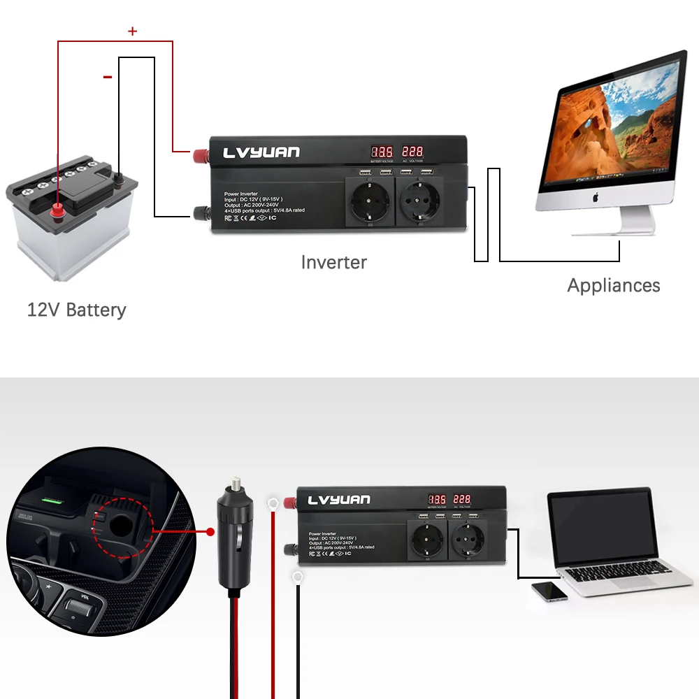 DC 12V to 220V 4000W 5000w 6000W Peak EU Socket LED Display Modified Sine Wave With 4.8 A 4 USB 3 AC Car Adapter Power Inverter