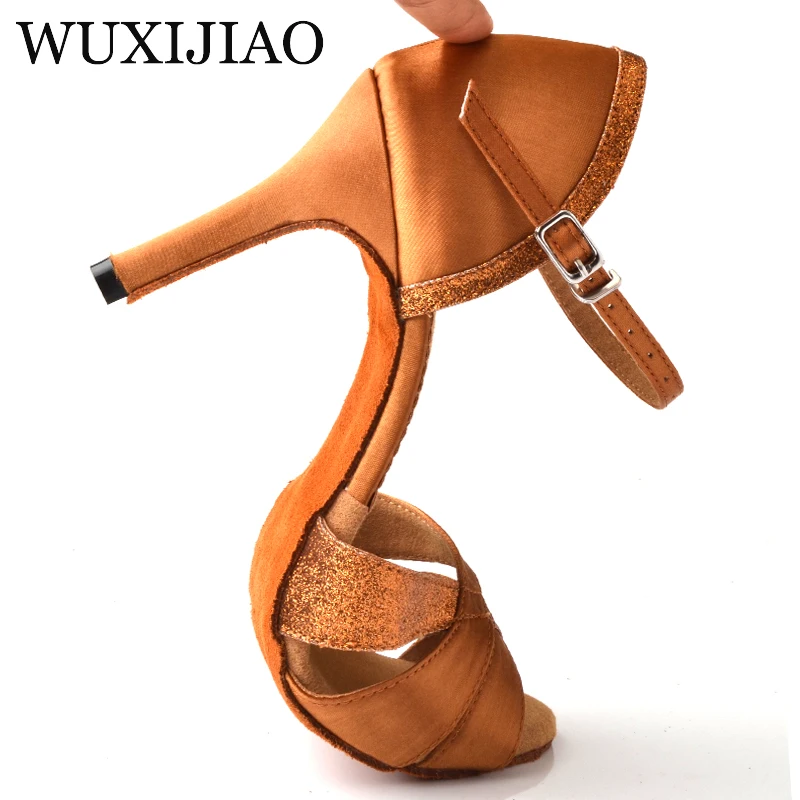 WUXIJIAO Latin dance shoes Salsa women\'s bronze satin unique tailor design satin shoes for ballroom dancing  Tango shoes