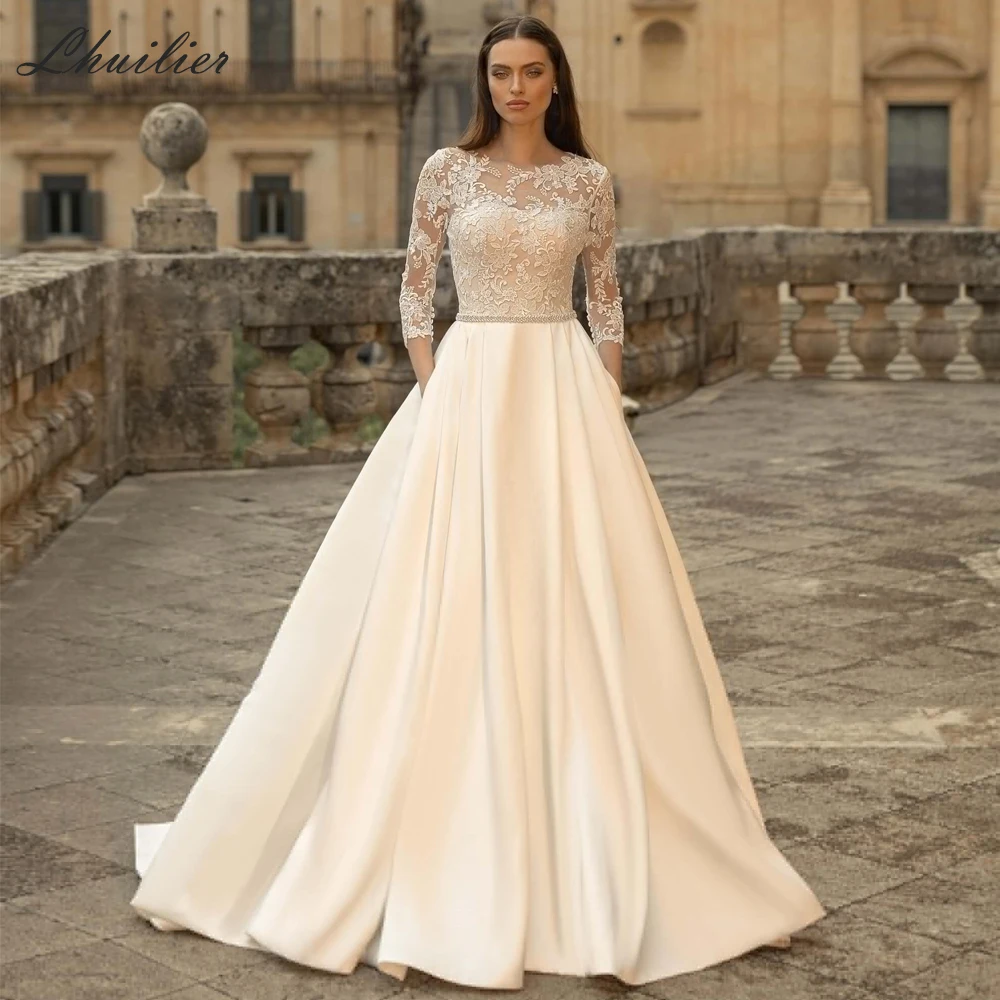 Lhuilier CustomizedA-line Satin Wedding Dresses Three Quarter Sleeves Lace Appliques Floor Length Bridal Dress with Beading Belt