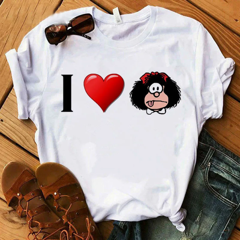 الإناث تي شيرت الكرتون باز Mafalda أو كويرو مقهى مطبوعة الإناث الجرافيك تي شيرت Harajuku تي شيرتات عجيبة الإناث القمم المحملة