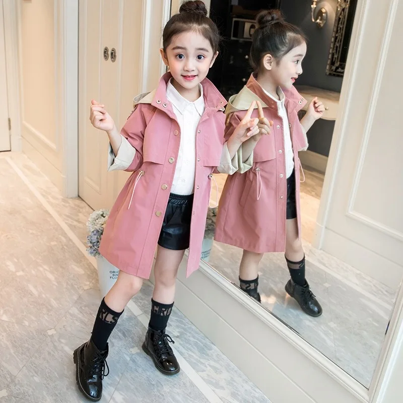 

Girls Spring Autumn Outerwear Jacket Children's Casual Trench Coat Teenager Kids Waisted Design Long Windbreaker Clothes B248