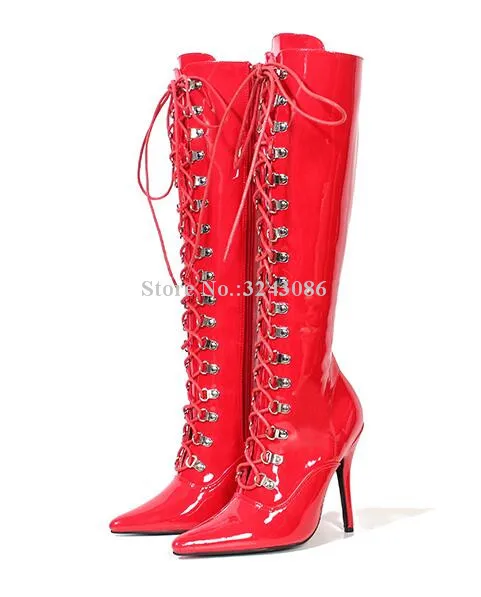 New Near Knee Woman Boots Sexy Pointed Toe Lace-up Ladies Long Boots Thin Heel Patent Leather Motorcycle Boots