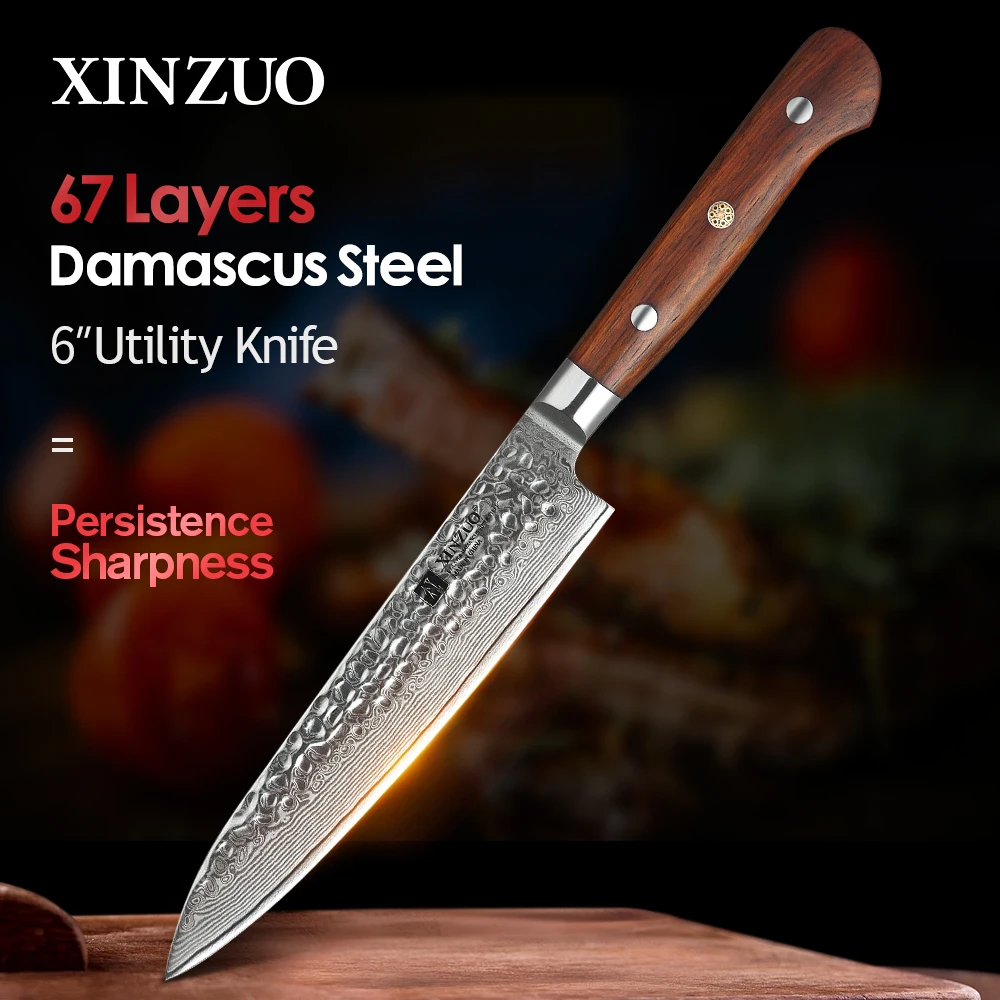 XINZUO 6\'\' Utility Knife vg10 Damascus Steel Kitchen Utility Knives for Vegetables Rosewood Handle Stainless Steel Paring Knife