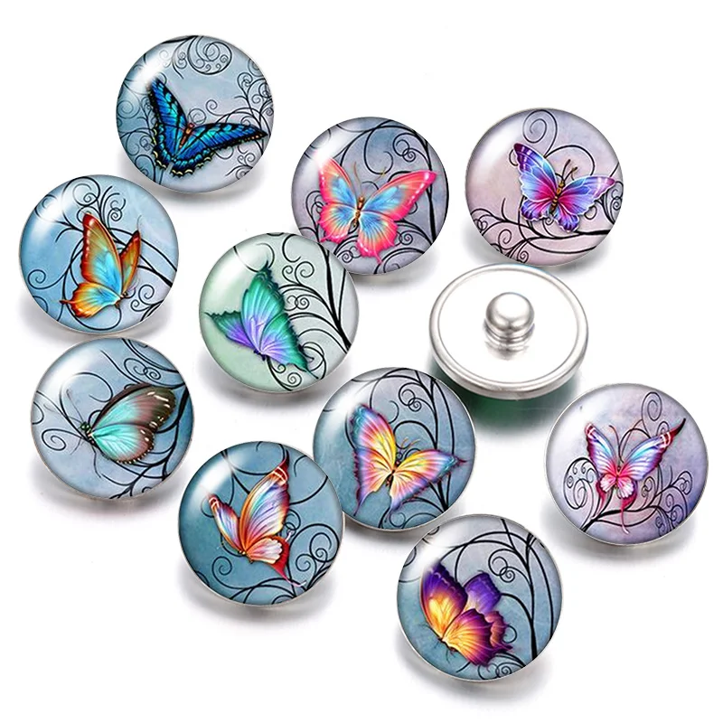 Beauty Butterfly Patterns vintage 18mm snap buttons 10pcs mixed round photo glass cabochon style for snap button jewelry