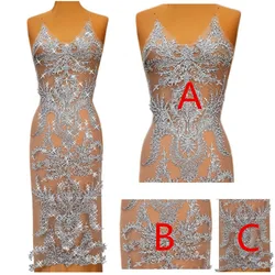 3Pcs IN 1 set,3D Lace African Patches Fabric Gray Bodice Sew on Rhinestones Designer Patch Appliques For Sewing Wedding Costumes