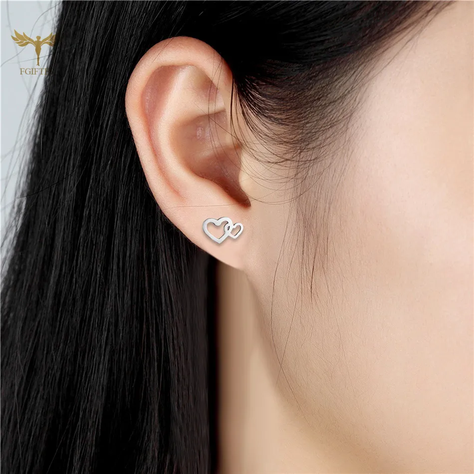 FGifter Romantic Heart-Shaped Stud Earrings Two Hearts Connected Together Ear Piercing Ring Stainless Steel Jewelry Wholesale