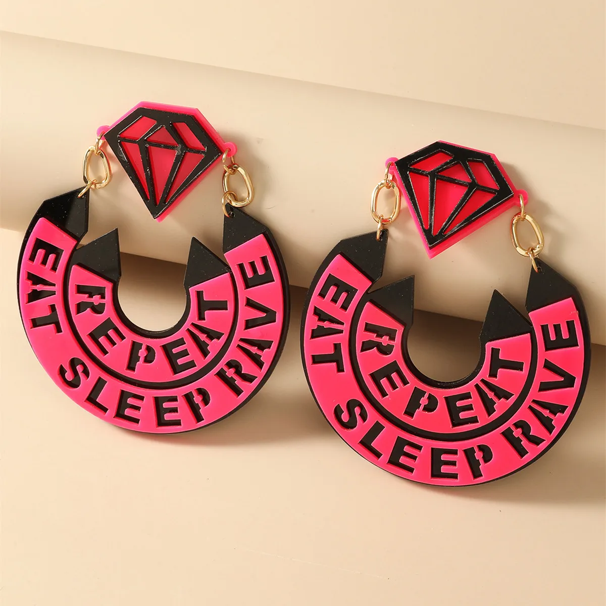 Punk Acrylic Letter Repeat Eat Sleep Rave Big Drop Earrings For Women Girl Half Round Hip Hop Nightclub Bar Fashion Jewelry Gift