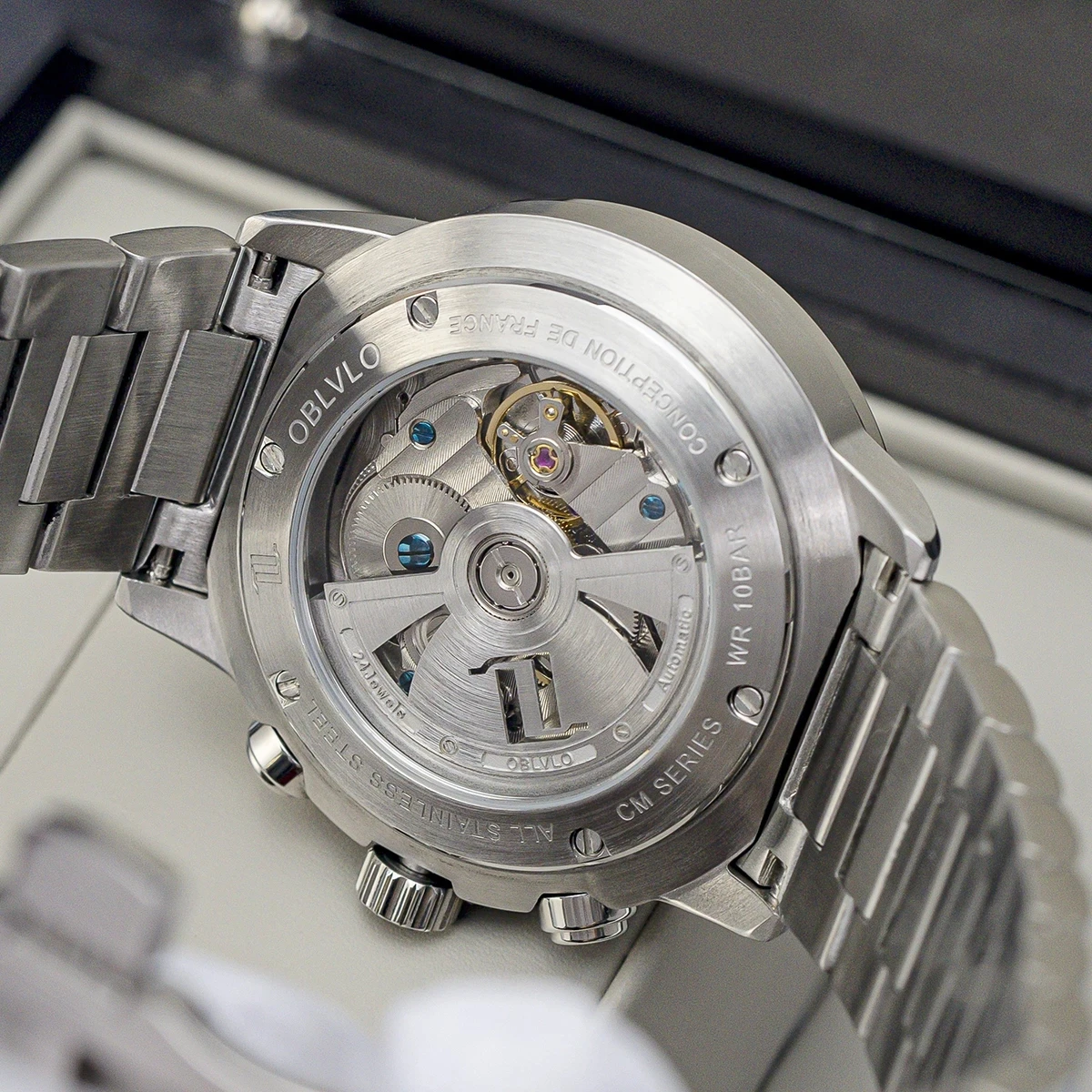 OBLVLO Orologi automatici da uomo Cronografo maschile Orologio da polso meccanico di lusso 100M Cinturino in acciaio luminoso impermeabile Data della settimana