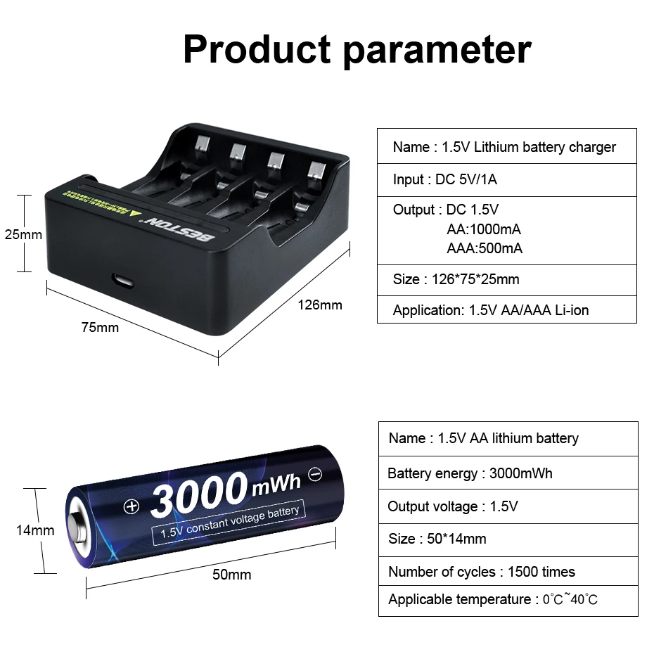 Batteria AA AJNWNM 1.5V batterie ricaricabili AA agli ioni di litio 3000MwH AA AA batteria torcia batterie 1.5V AA