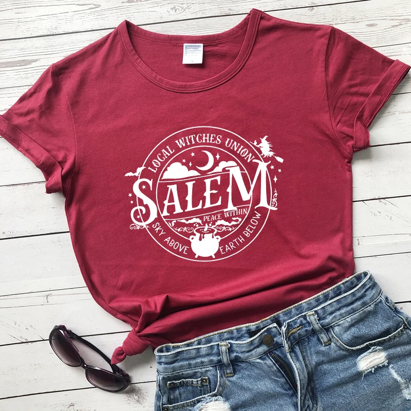 

Local Witches Union Salem T-shirt Funny Women Halloween Party Tshirt Fashion Autumn Short Sleeve Graphic Basic Witch Tops Tees