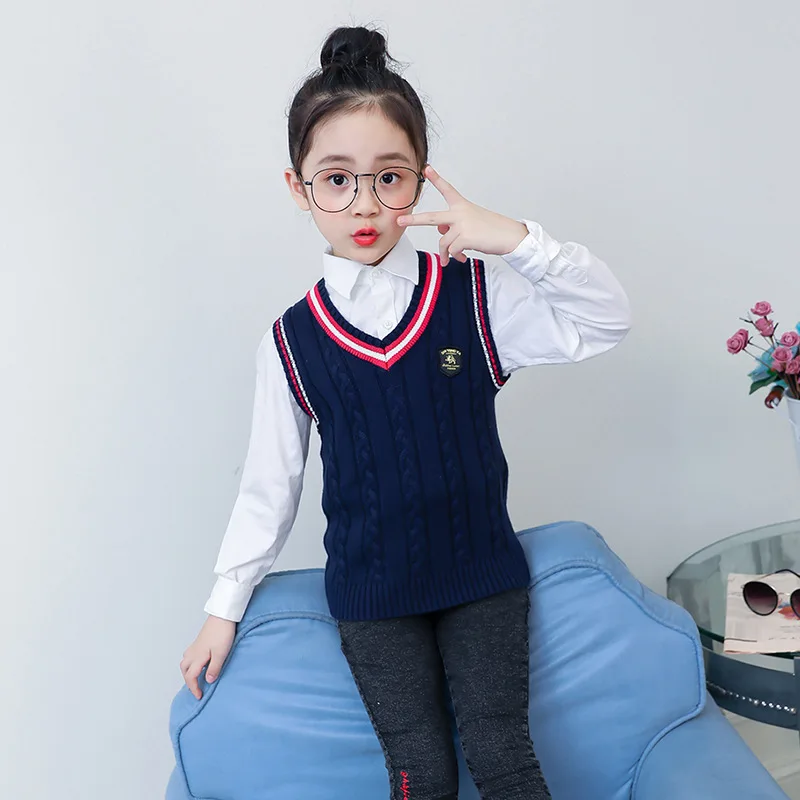 Preppy Style Boys Knit Vest Autumn Winter Solid Color V-neck Sweaters Children Knitted Vest Sleeveless School Uniform for Girls