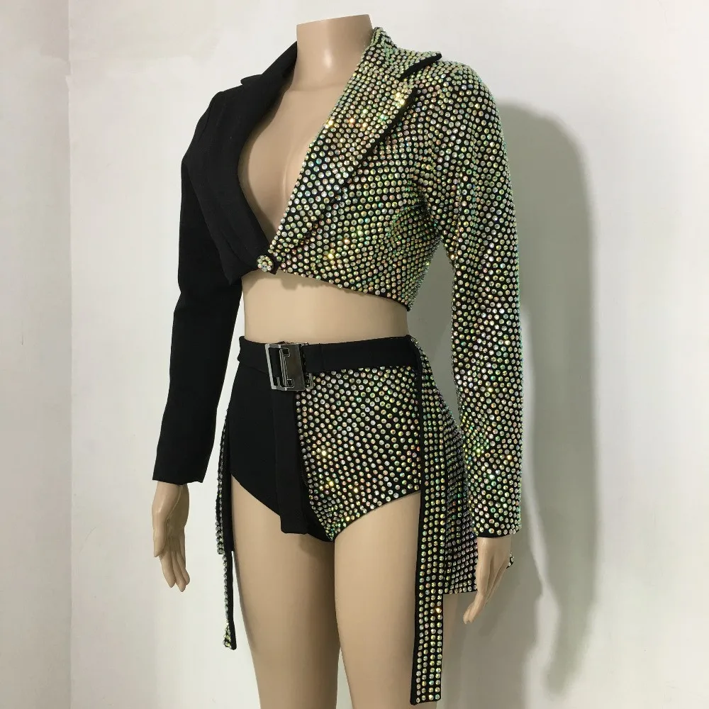 

Sparkly AB Rhinestones Outfit Sexy Black Blazer Short Design Party 2 Pieces Set Dj Female Singer Nightclub Dance Skirt Costume