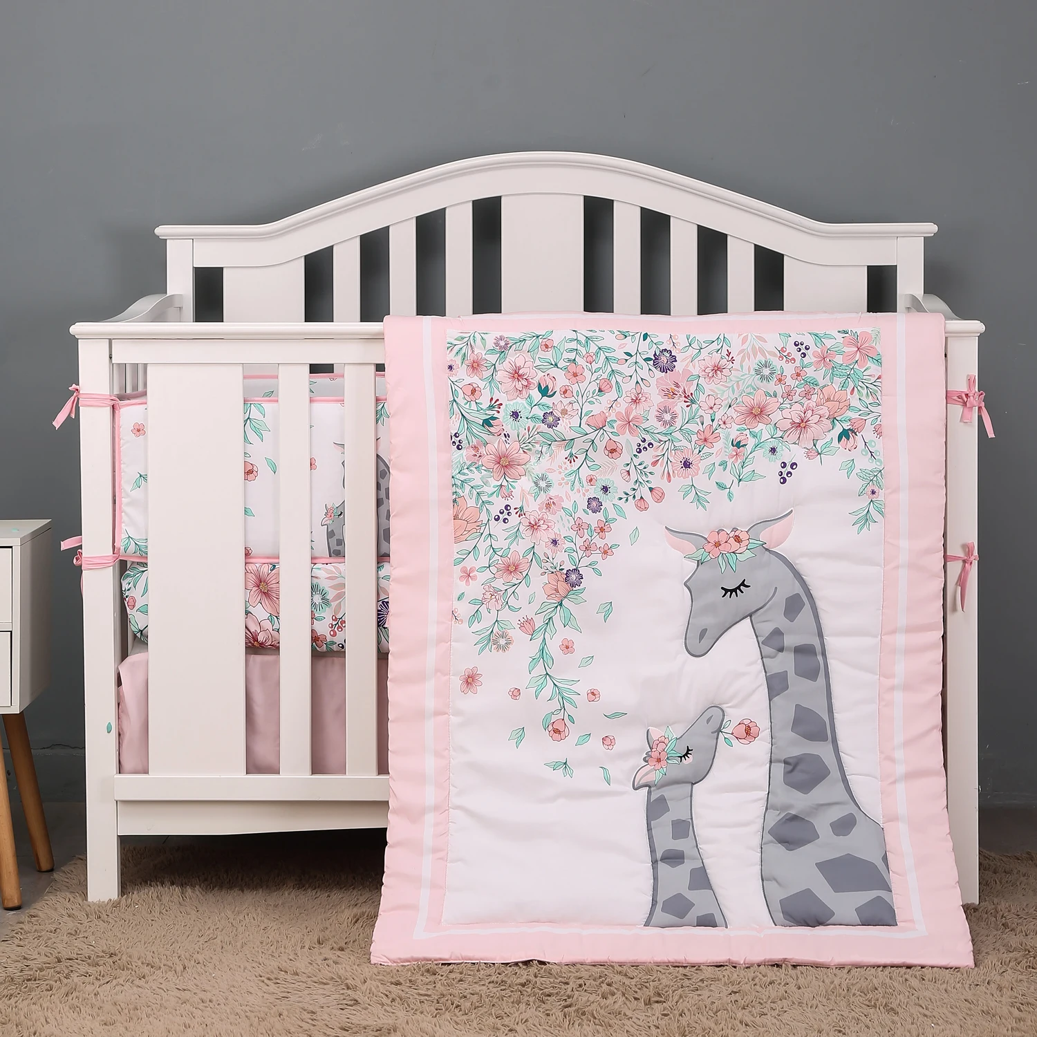 

5 pcs Baby Crib Bedding Set for Girls hot sale including quilt, crib sheet, crib skirt,bumpers and pillow case