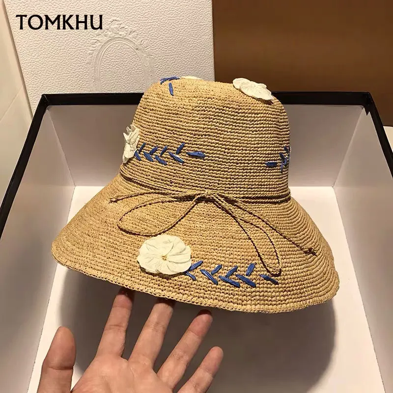 Moda rafia słomkowy kapelusz kobiecy letni haft kwiaty literackie podróże wakacje nadmorski kapelusz na plażę ochrona przed słońcem czapka z dużą krawędzią