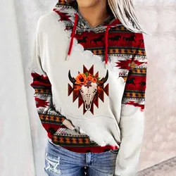 Harajuku Hooded Women's Hoodies Western Ethnic Print Sweatshirt Hoodie Vintage Casual Aztec Print Long Sleeve Shirt Pullover Top