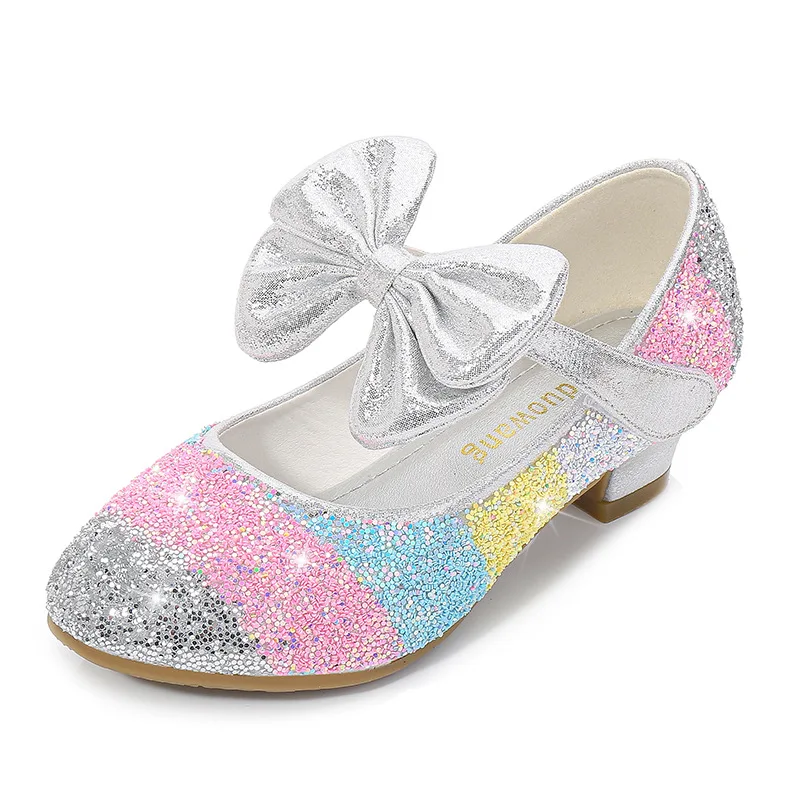 Girls Leather Shoes Princess Shoes Children Shoes round-Toe Soft-Sole Big girls High Heel Princess Crystal Shoes Single Shoes