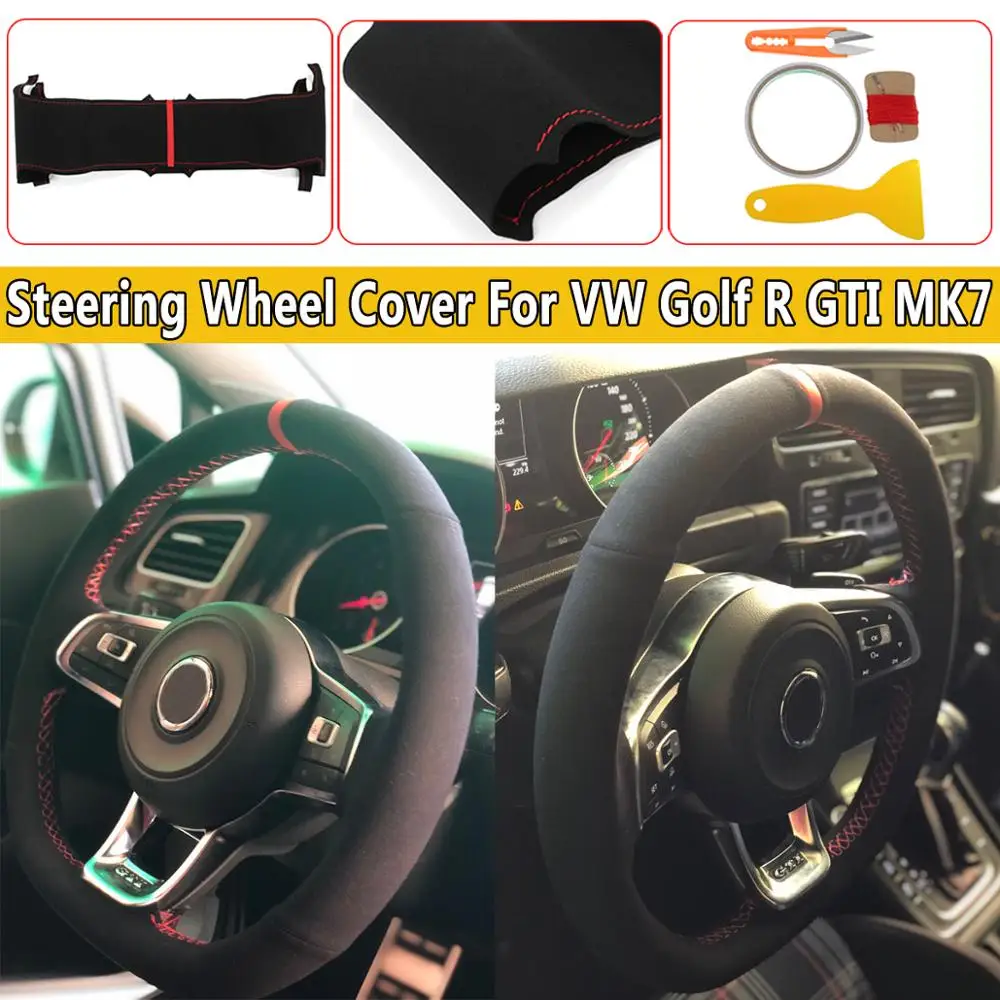 

Black DIY Suede Steering Wheel Wrap Cover + Accessories For Golf R GTI MK7