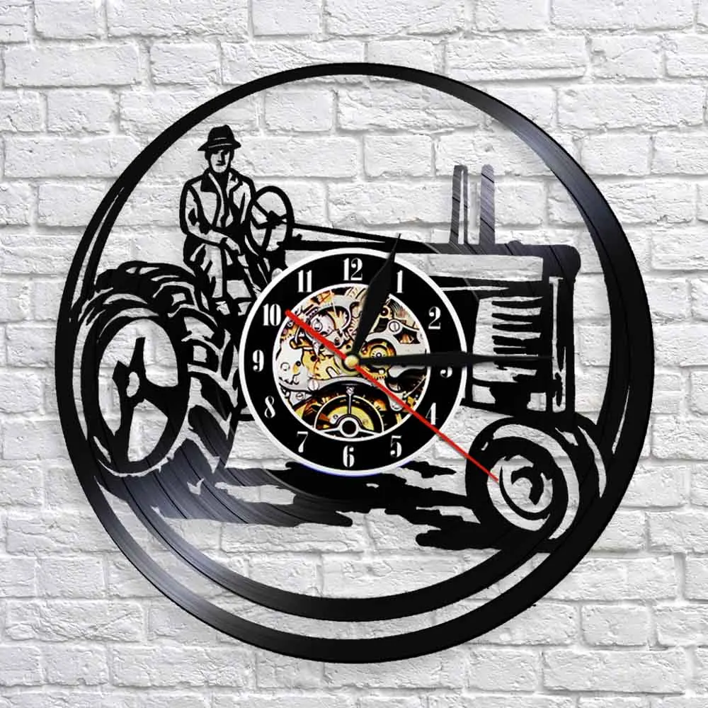 Farmer On Tractor Wall Clock Vintage Farm Truck Vinyl Record Wall Clock Art Decorative Clock Watches Farmhouse Home Wall Decor