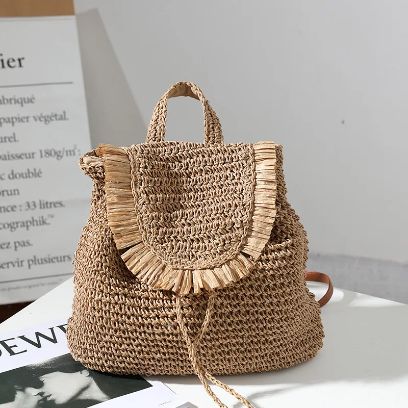 New straw woven backpack leisure tassel straw bag woven bag female ins with the same seaside vacation beach bag