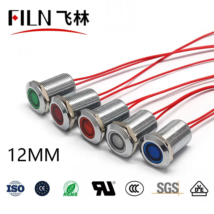 FILN Metal flat head 12mm red green blue yellow white high quality 12v 220v led signal lamp led indicator lamp with cable