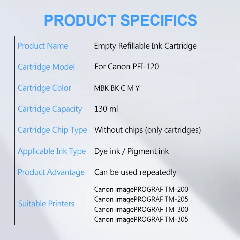 PFI-120 PFI120 Cartuccia d\'inchiostro ricaricabile senza chip per Canon TM-200 TM200 TM-205 TM-300 TM-305 TM300 Stampante 130ML 5 colori/set