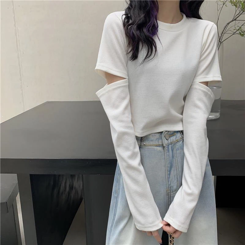 Crop Top Fall 2021 Women Fashion Sexy Sweet Slim Inside Long Sleeve T Shirt Ripped Hole Black White Gray Oversized Punk Clothing