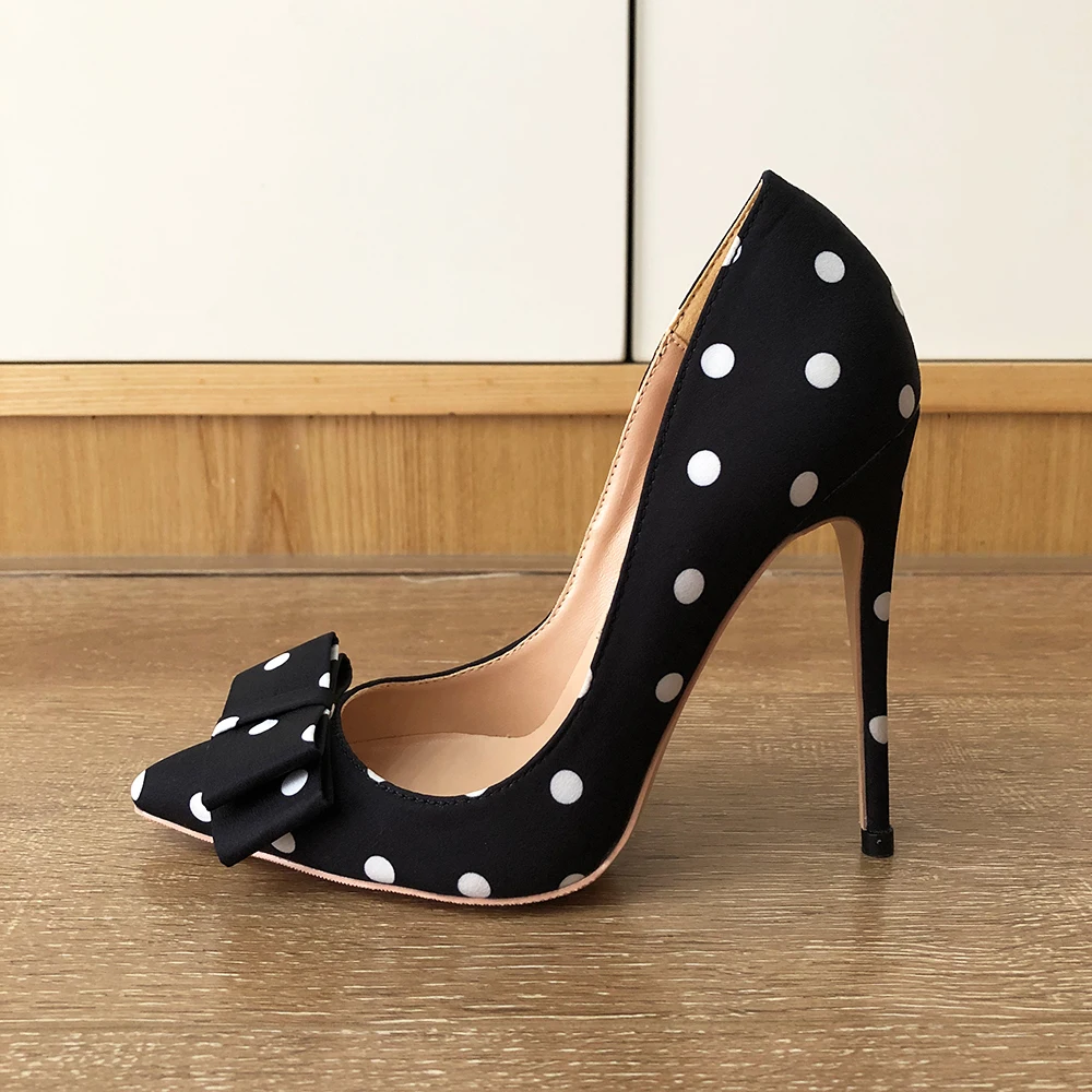 Veowalk Polka Dot Women Silk Satin Pointed Toe Stiletto High Heels Bow Knot Elegant Ladies Party Shoes 8cm 10cm 12cm Pumps Black