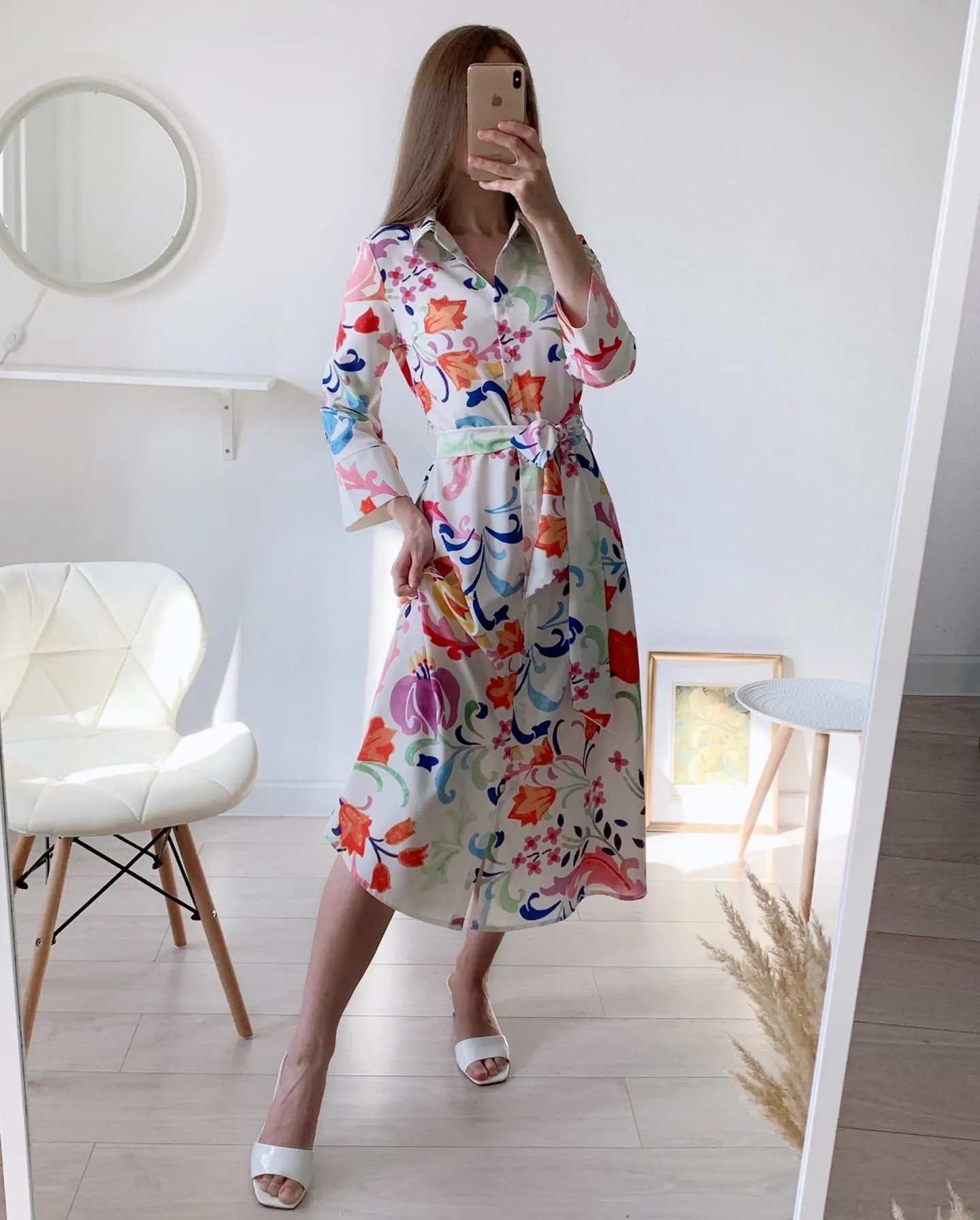 XEASY Summer Women Floral Print Bow Sashes Midi Lapel Dress Female Chic Three Quarter Sleeve Casual Slim Dresses