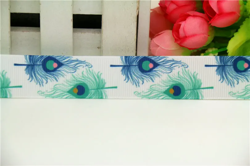 DHK 7/8'' 5yards peacock feather printed grosgrain Ribbon headwear hair bow diy party decoration OEM 22mm E1186