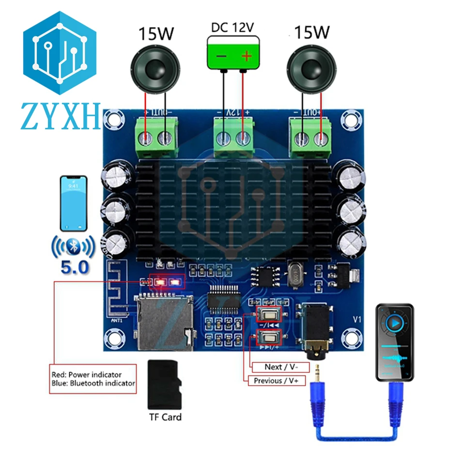 XH-A272 TDA7297 Bluetooth 5.0 Amplifier Board Class AB 15W*2 Digital Stereo Audio AMP DC 12-18V Support TF Card AUX