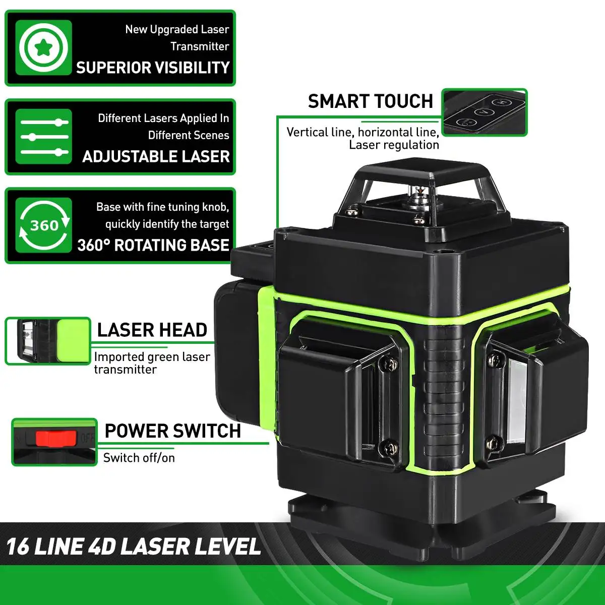 FASGet 4D 16 Lines Green Laser Levels 360 Horizontal &Vertical Cross Lines With Auto Self-Leveling super powerful Laser Beam