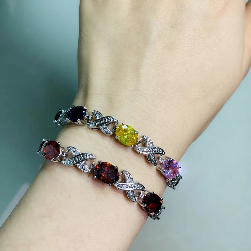BeaQueen Trendy Oval Round Indian Deep Red Cubic Zirconia Crystal Cross Tennis Bracelets Bridal Wedding Party Jewelry Gifts B186