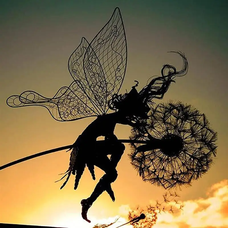 Fantasy Pixies Garden Sculpture Wooden Pile Fairy Dancing with Dandelion Landscape Metal Lawn Decoration Miniature Statue