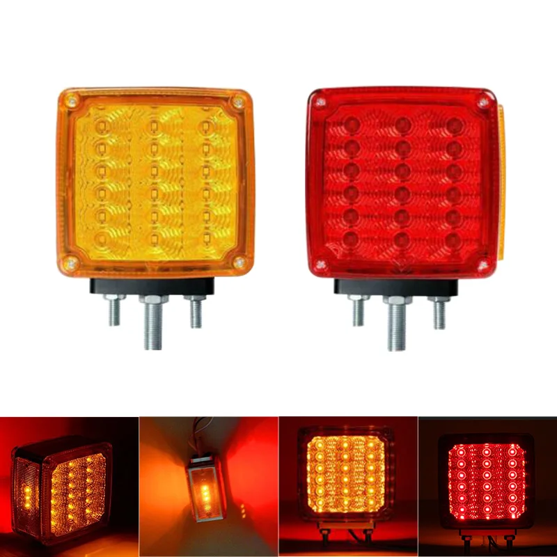 2xTruck Trailer Square Double Face Pedestal Stop Turn Tail Light Amber/Red 39 LED for Peterbilt Freightliner Kenworth Mack