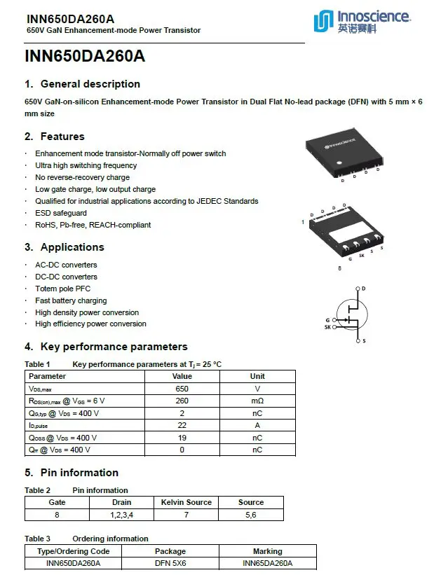 Parts GAN FET  POWER innoscience INN650DA260 650V DFA 5*6mm  New And Original
