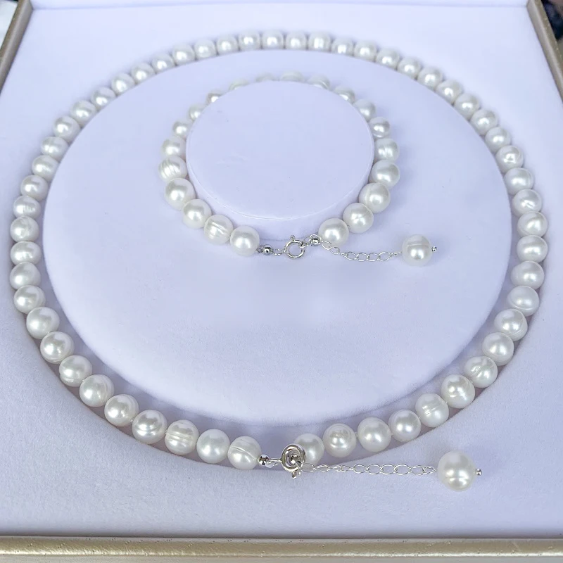 ZHRUKAN 9-10mm Natural Freshwater Pearl Jewelry Set Real 925 Sterling Silver Necklace Bracelet For Women Fashion Gift
