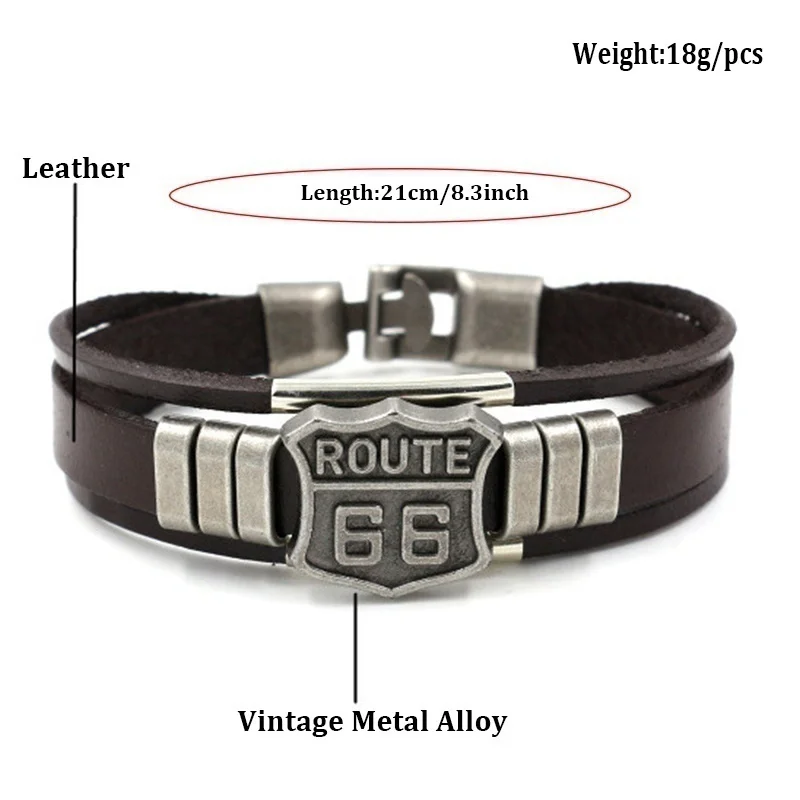 New Trendy American Route 66 Printed Pattern Bracelet Men\'s Bracelet Metal Multilayer Leather Bracelet Accessories Party Jewelry