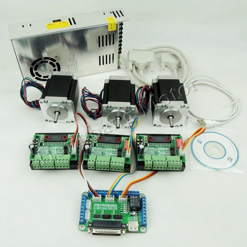 

CNC Router Kit 3 Axis, 3pcs TB6560 1 axis stepper motor driver +one breakout board +3pcs Nema23 270 Oz-in motor+one power supply