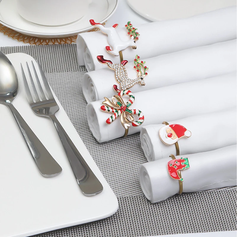 Christmas Napkin Ring Metal Xmas Bell Elk Napkin Holder Flower Wreath Rings Wedding Banquet Hotel Table Decoration and Accessor